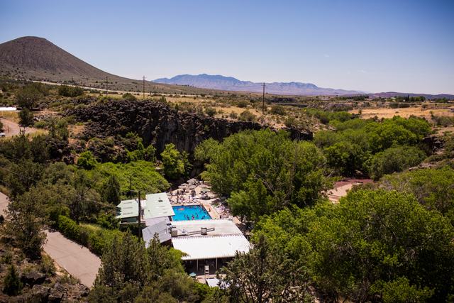 Veyo Pool Resort from the air, with the volcanic cone behind it